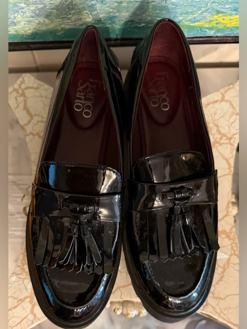 Franco Sarto Black Patent Kiltie Tassel Loafers